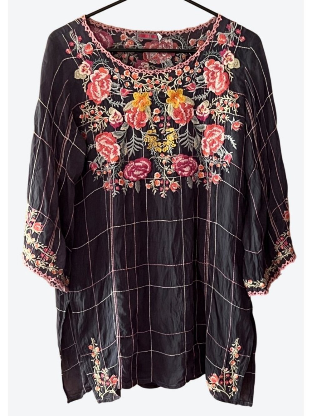 Johnny Was Small Floral Embroidered Raglan Sleeve Blouse Muted Gray Red Orange